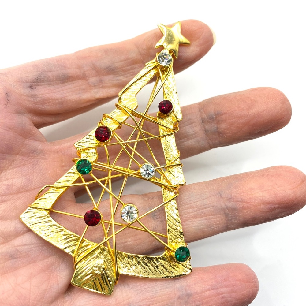Christmas Tree Brooch Large Goldtone Modern Style With Rhinestones